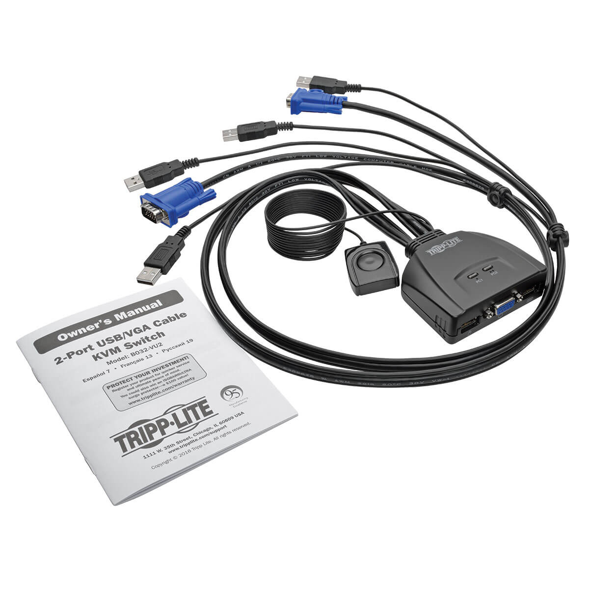 Eaton B032-VU2 2-Port USB/VGA Cable KVM Switch with Cables and USB Peripheral Sharing