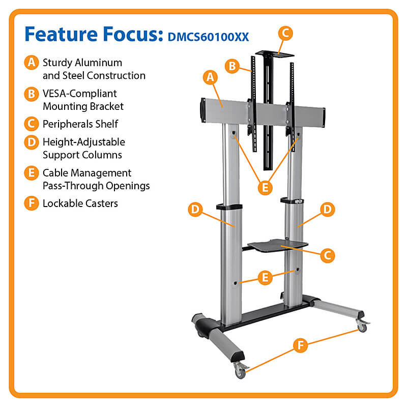 Eaton DMCS60100XX Heavy-Duty Rolling TV Stand, Height Adjustable, 60 - 100 Inch Screens