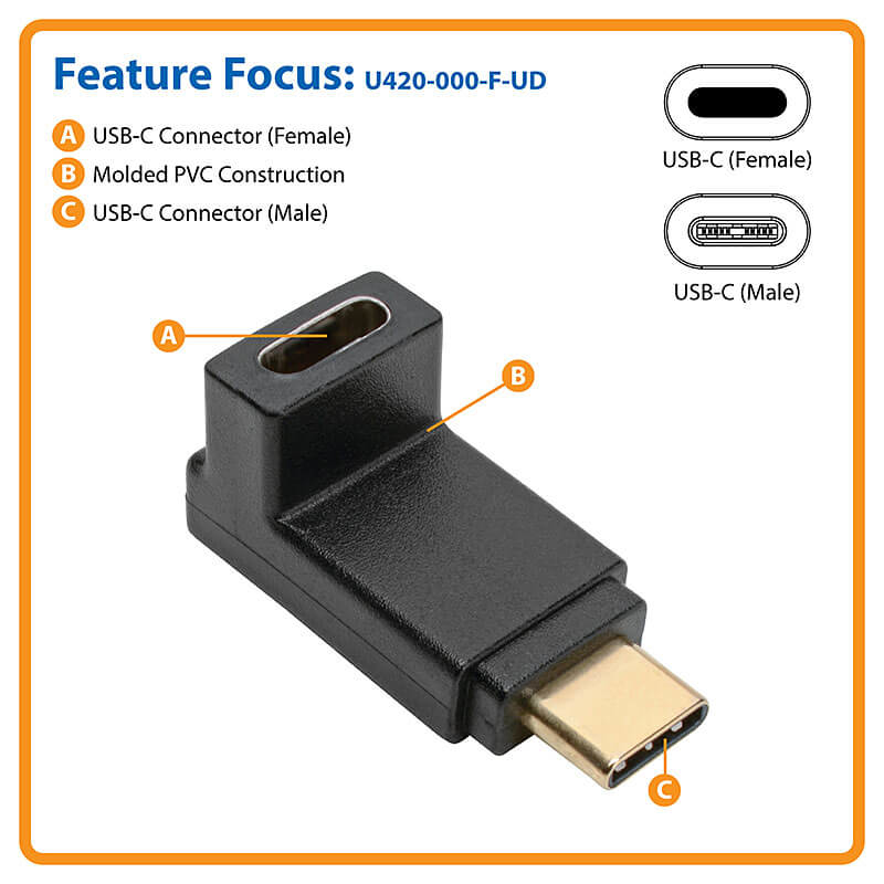 Eaton U420-000-F-UD USB-C Right Angle Adapter (M/F) , 3.1, Gen 2, 10 Gbps, 3A Rating