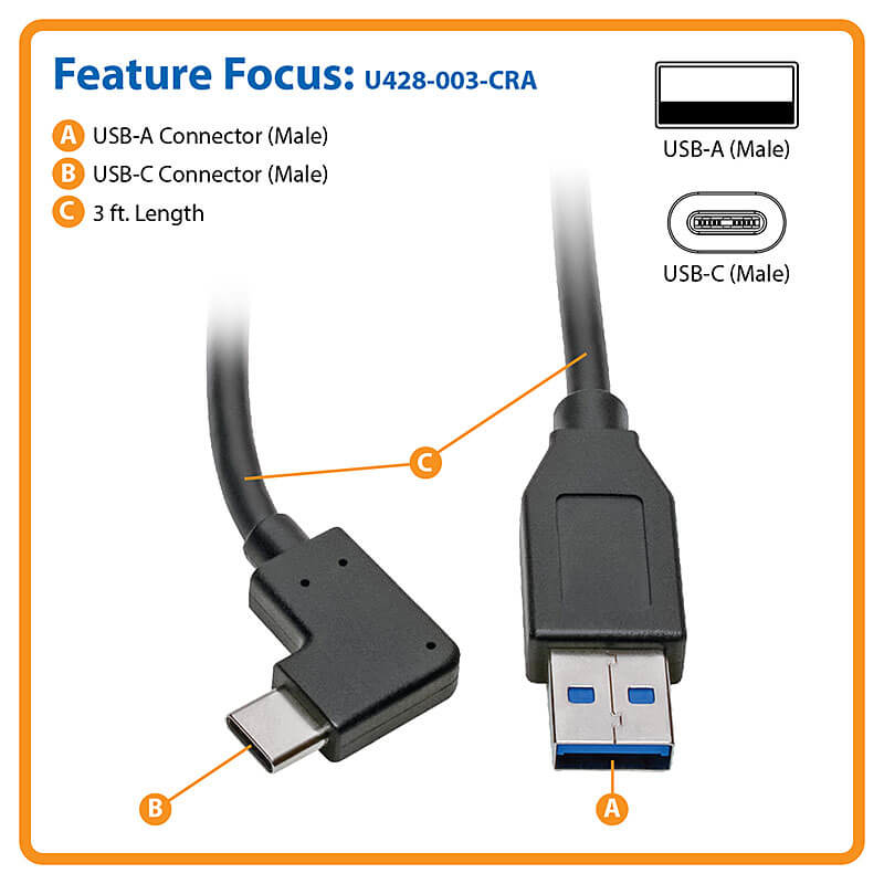 Eaton U428-003-CRA USB-C to USB-A Cable (M/M), Right-Angle C, USB 3.1 Gen 1 (5 Gbps),3 ft.