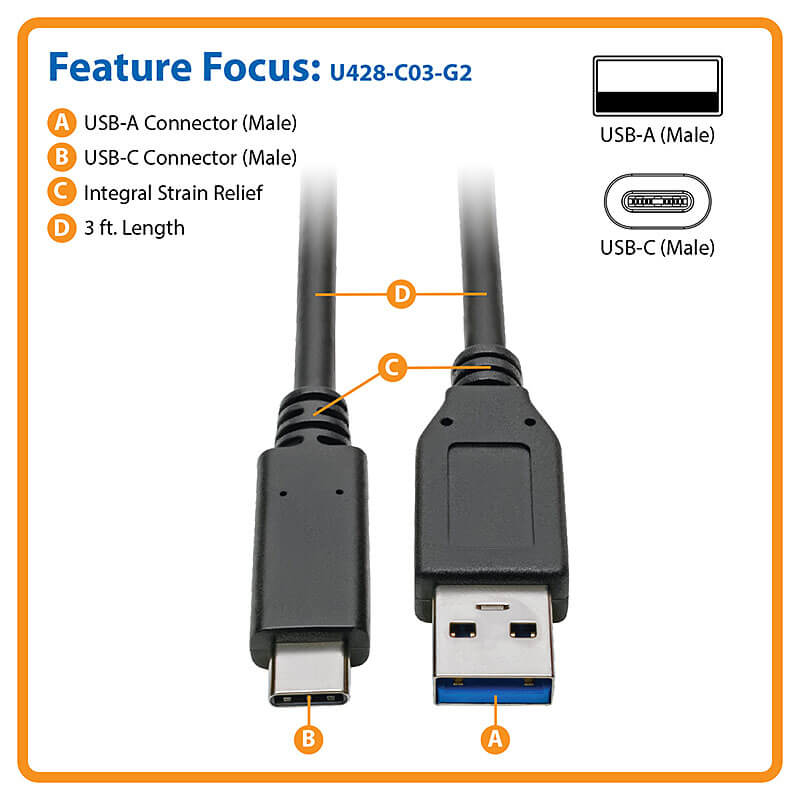 Eaton U428-C03-G2 USB-C to USB-A Cable (M/M), USB 3.1 Gen 2 (10 Gbps), 3 ft. (0.91 m)