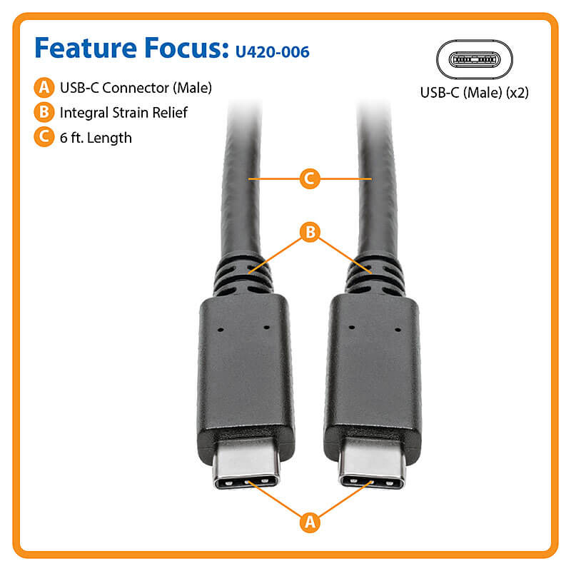 Eaton U420-006 USB-C Cable (M/M) - USB 3.1, Gen 1 (5 Gbps), Thunderbolt 3 Compatible,6 ft.