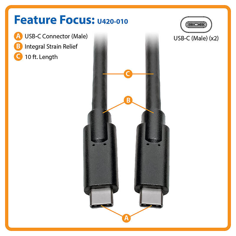 Eaton U420-010 USB-C Cable (M/M) - USB 3.1, Gen 1 (5 Gbps), 10 ft. (3.05 m)