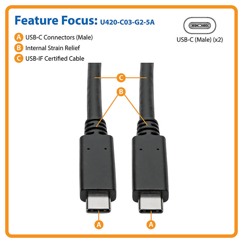Eaton U420-C03-G2-5A USB-C Cable (M/M) - USB 3.1, Gen 2 (10 Gbps), 5A Rating,3 ft.(0.91 m)