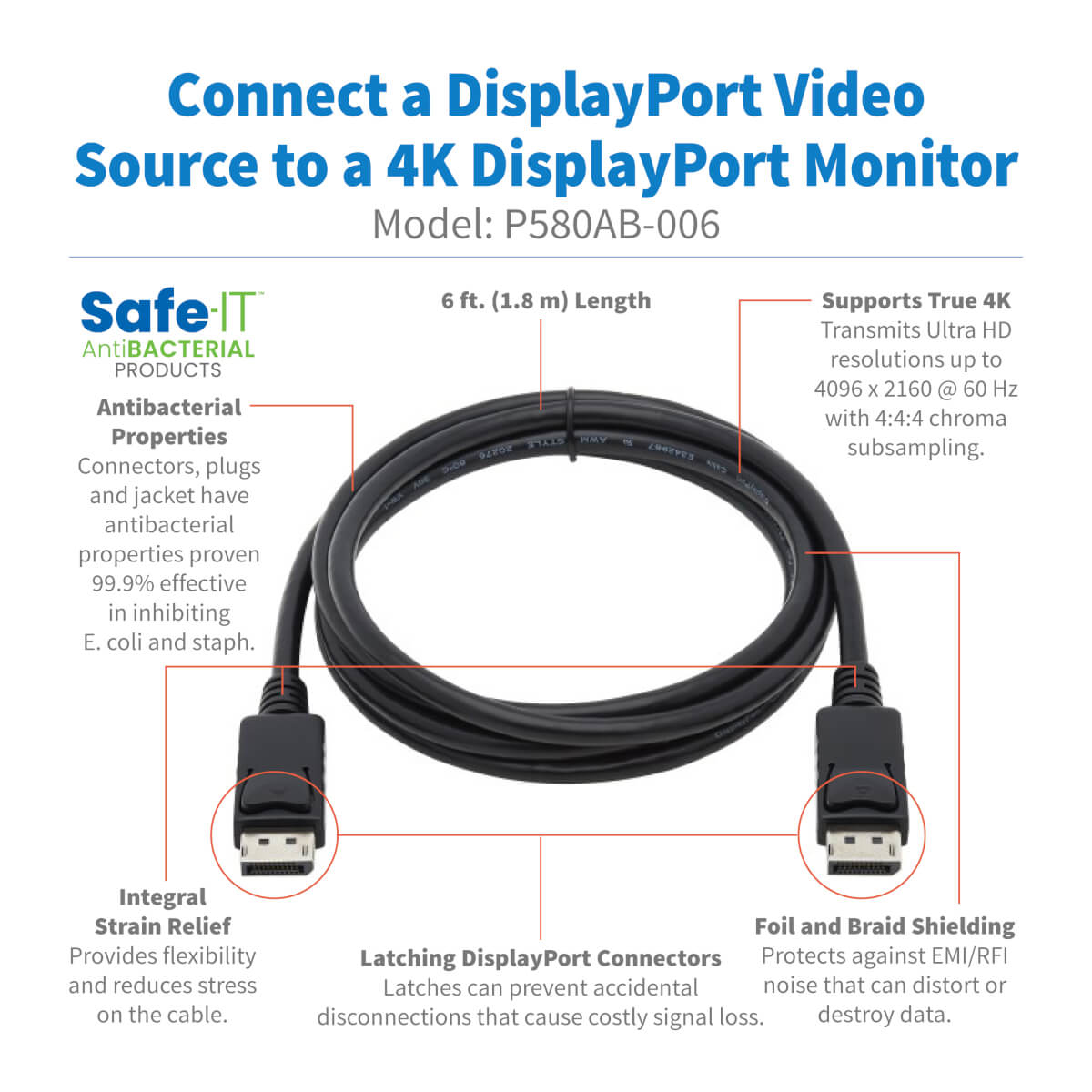Eaton P580AB-006 Safe-IT High-Speed DisplayPort Antibacterial Cable+Latching Connect.6 ft.