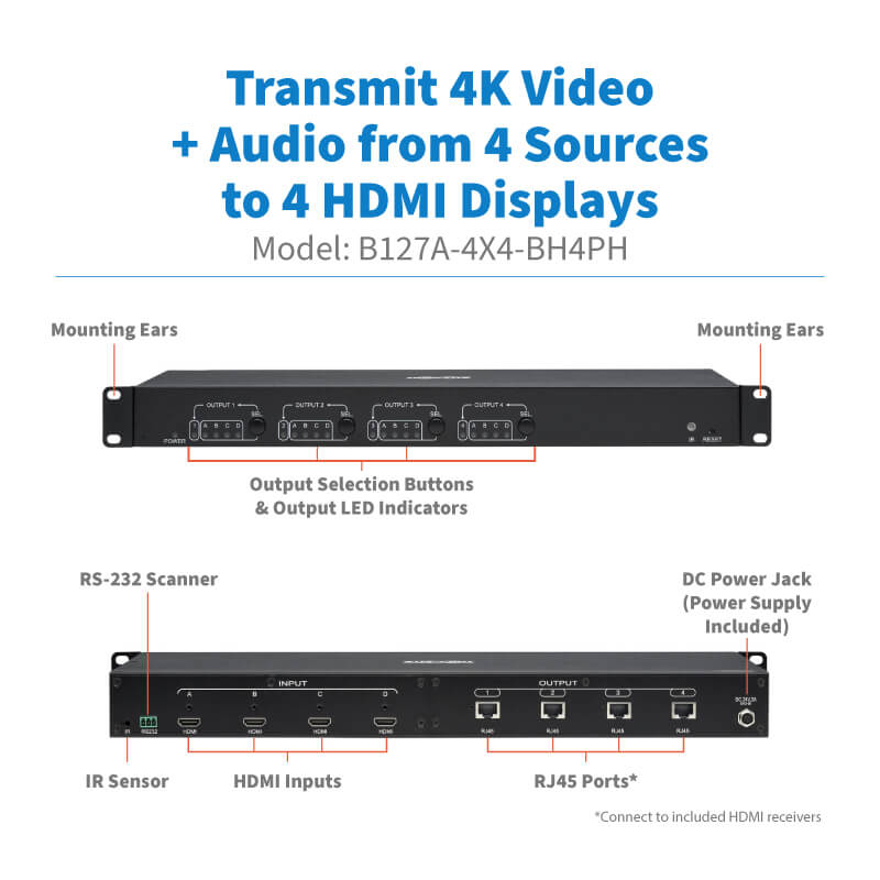 Eaton B127A-4X4-BH4PH 4x4 HDMI over Cat6 Matrix Switch Kit, Switch/4x Pigtail Receivers