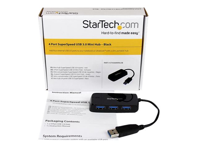 Portable 4 Port SuperSpeed Mini USB 3.0 Hub - Black