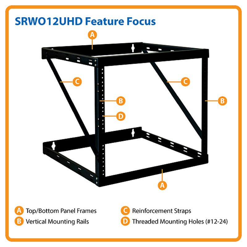 Tripp Lite SmartRack 12U Heavy-Duty Flat-Pack Low-Profile Switch-Depth Wall-Mount 2-Post Open Frame
