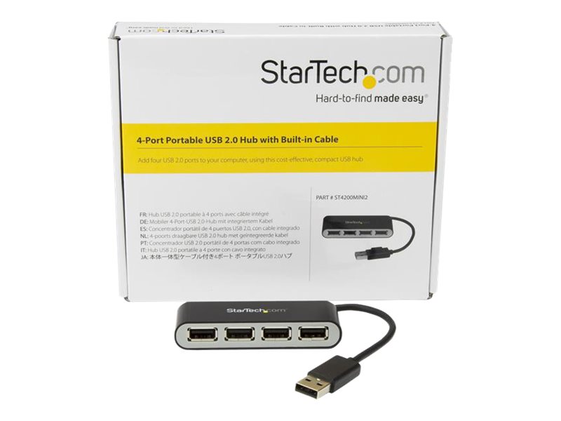 4-Port Portable USB 2.0 Hub with Built-in Cable