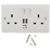 Double Gang UK Mains Wall Socket with built in USB Charging Ports 2A
