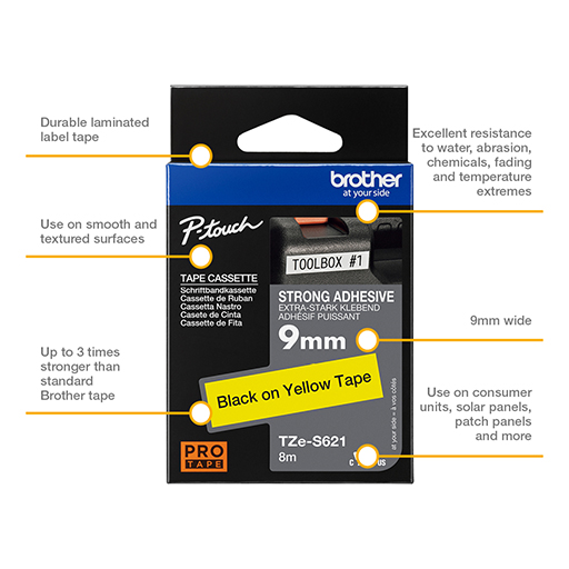 Brother Labelling Tape Cassette - Black on Yellow Strong Adhesive