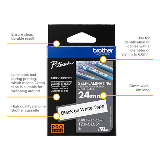 Brother Self-Laminating Labelling Tape Cassette - Black on White