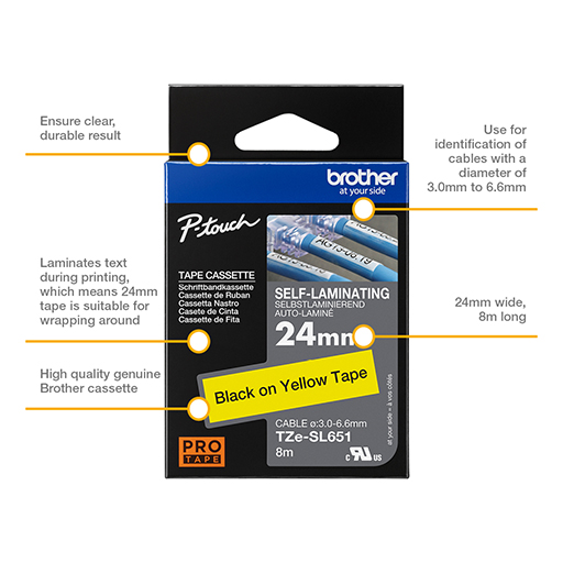Brother Self-Laminating Labelling Tape Cassette - Black on Yellow