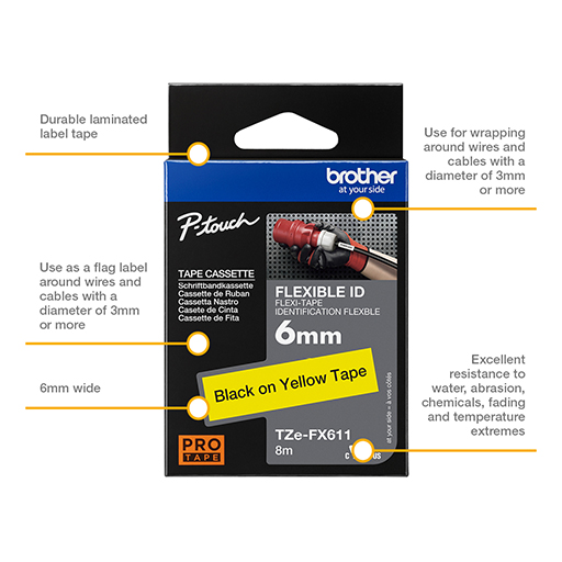 Brother Labelling Tape Cassette - Black on Yellow Flexible-ID