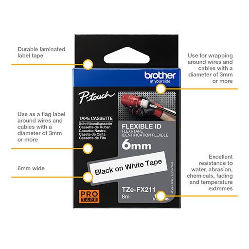 Brother Labelling Tape Cassette - Black on White Flexible-ID