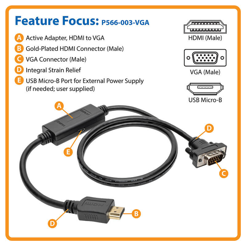 Eaton P566-003-VGA HDMI to VGA Active Adapter Cable