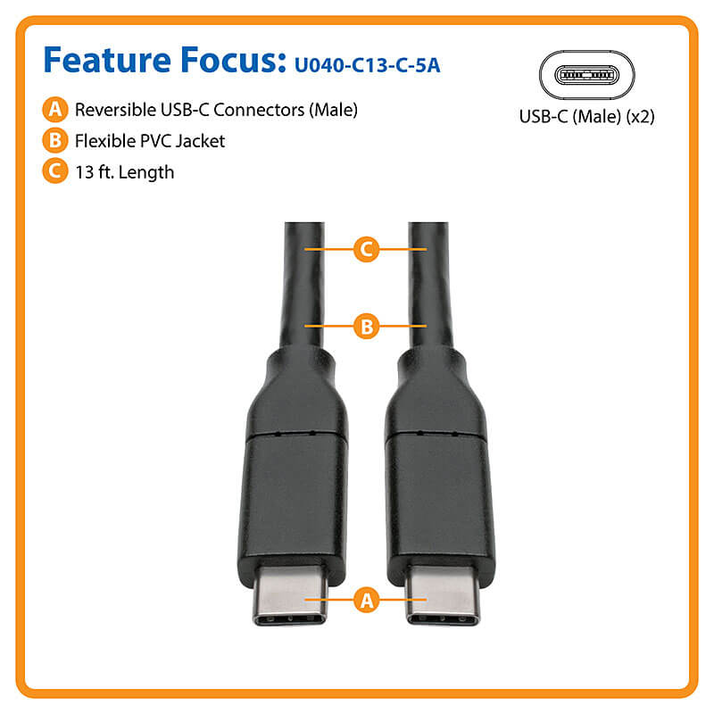 Eaton U040-C-C-5A USB-C Cable (M/M) - USB 2.0, 5A Rated, USB-IF Certified