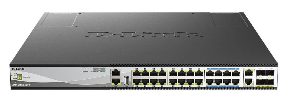 D-Link DMS-3130-30PS 30-Port Layer 3 Stackable Multi-Gigabit Managed PoE 