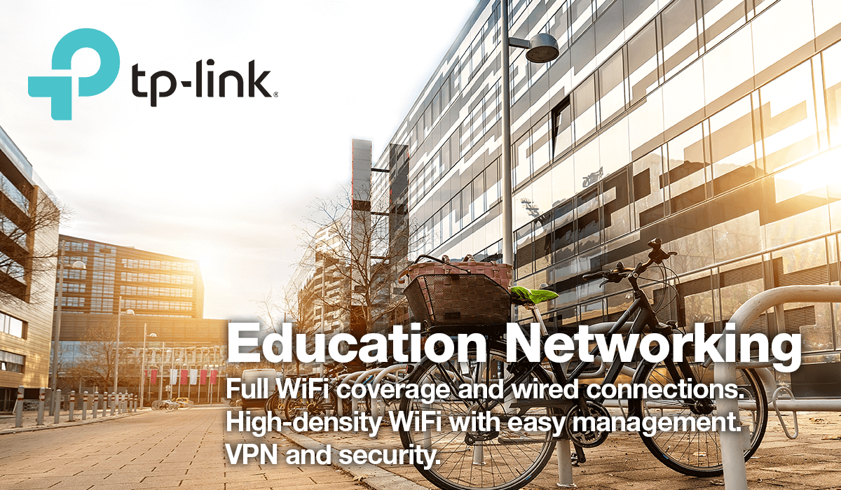 'TP-Link Education Networking. Full WiFi coverage and wired connections. High-density WiFi with easy management. VPN and security.' - header image
